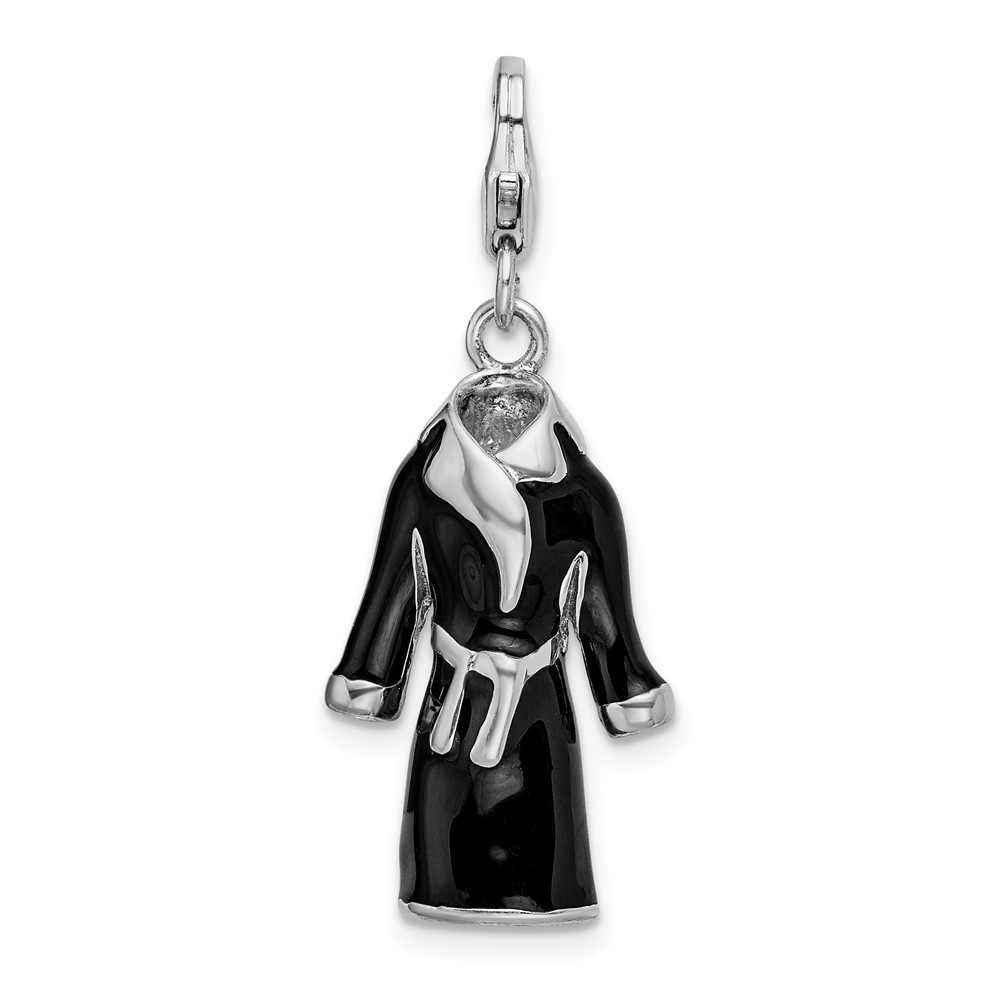 Sterling Silver Polished 3-D Black Enameled Robe Bracelet Charm Lobster Clasp
